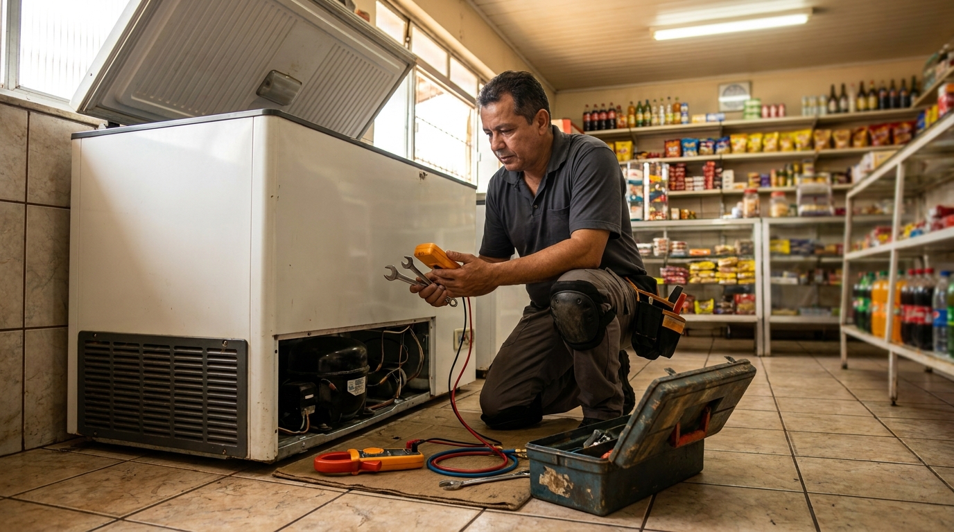 Técnico reparando o motor de um freezer horizontal em Aparecida de Goiânia‑GO
