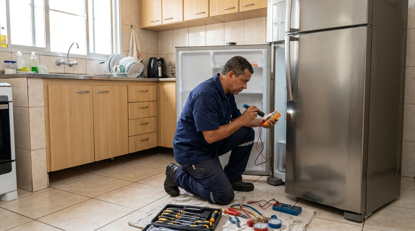 Técnico fazendo recarga de gás em geladeira de cliente em Aparecida de Goiânia‑GO