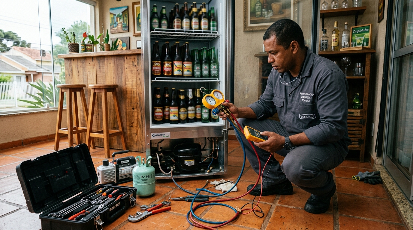 Técnico conferindo a temperatura de uma cervejeira durante atendimento em Aparecida de Goiânia‑GO